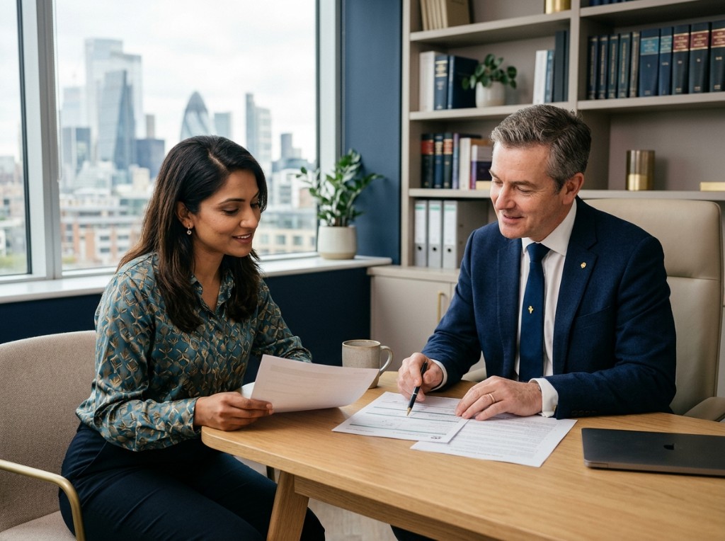 Fusco Browne Immigration consultation — advisors reviewing documents together in a modern office